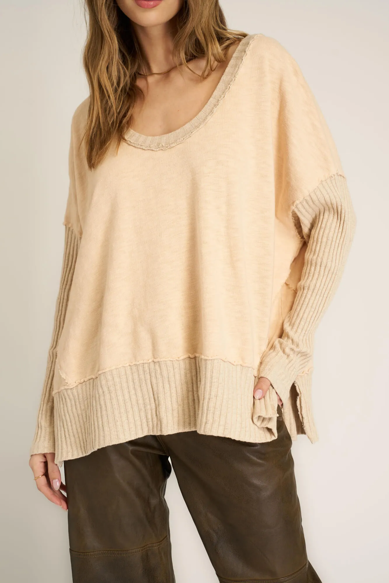 Quinn Mixed Fabric Oversized Pullover - Mother of Pearl