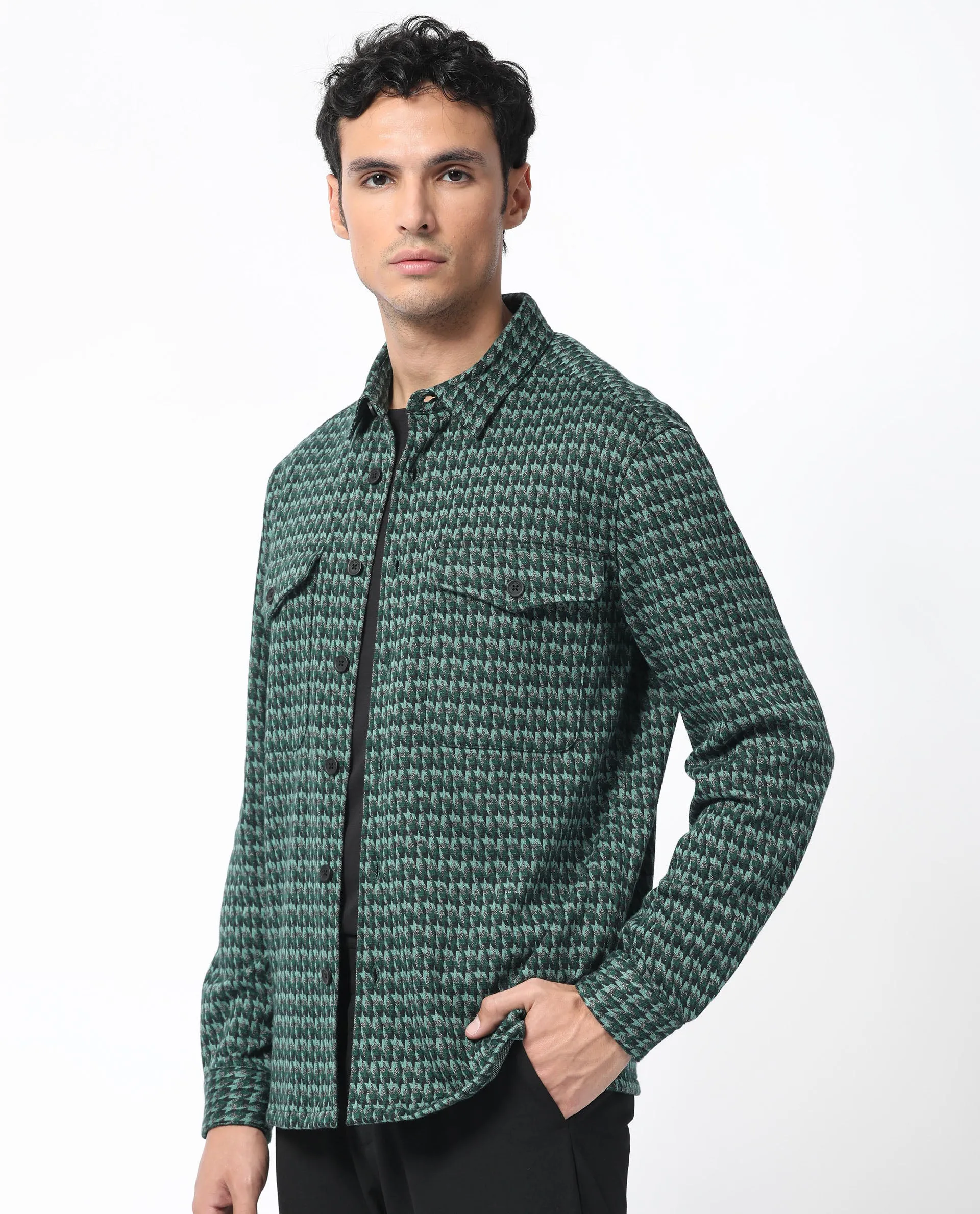 Rare Rabbit Men's Rodez Green Full Sleeve Button Closure Houndstooth Shacket