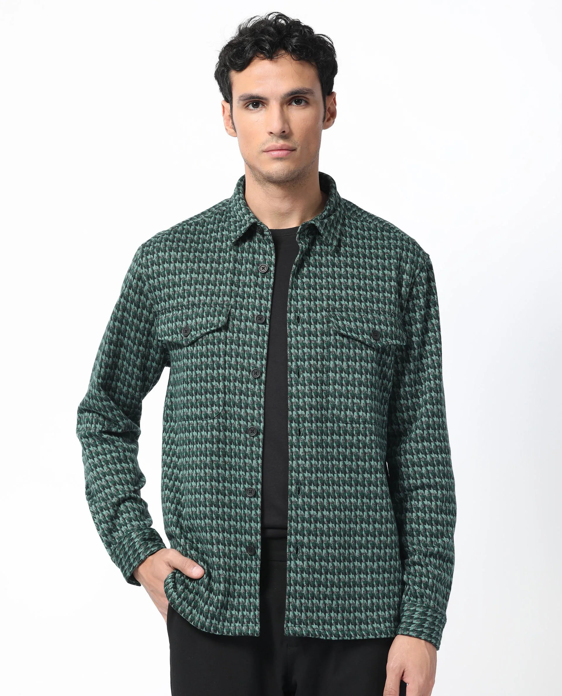 Rare Rabbit Men's Rodez Green Full Sleeve Button Closure Houndstooth Shacket