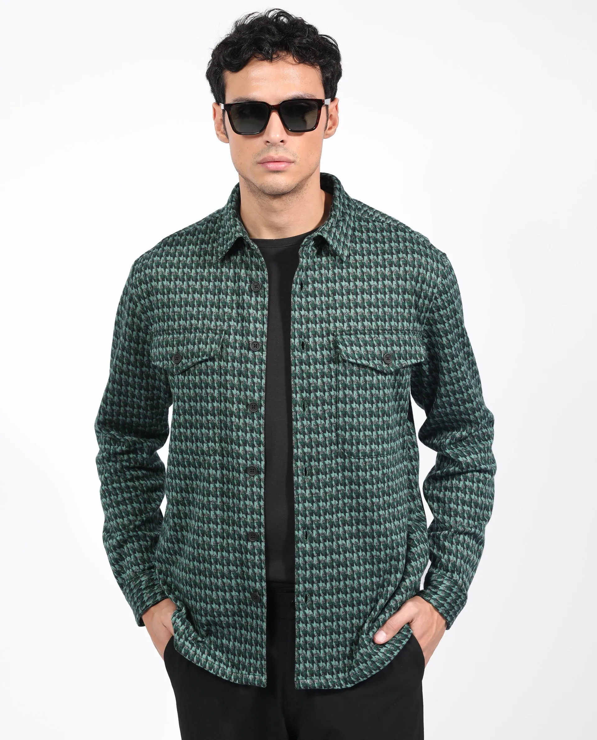 Rare Rabbit Men's Rodez Green Full Sleeve Button Closure Houndstooth Shacket