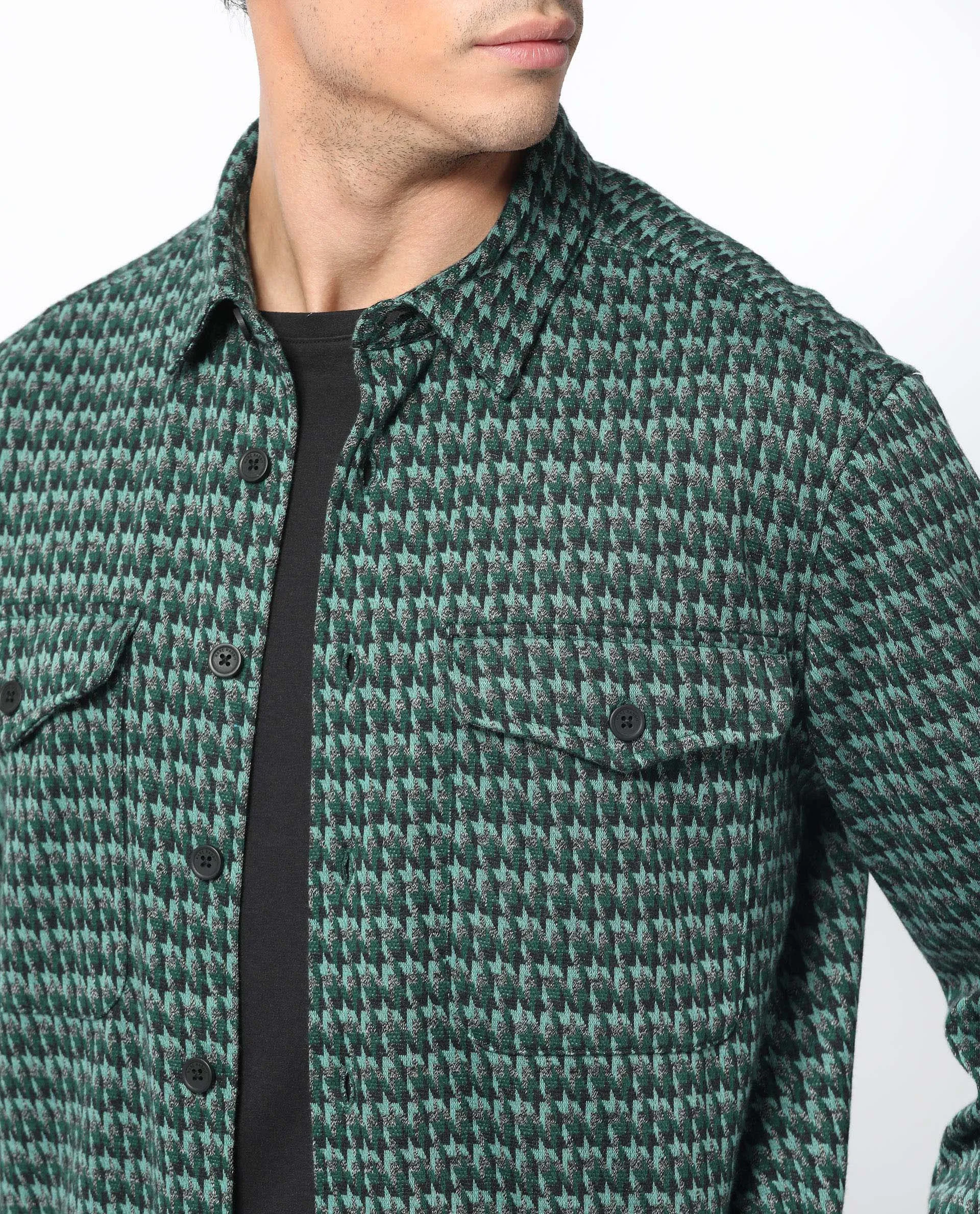 Rare Rabbit Men's Rodez Green Full Sleeve Button Closure Houndstooth Shacket