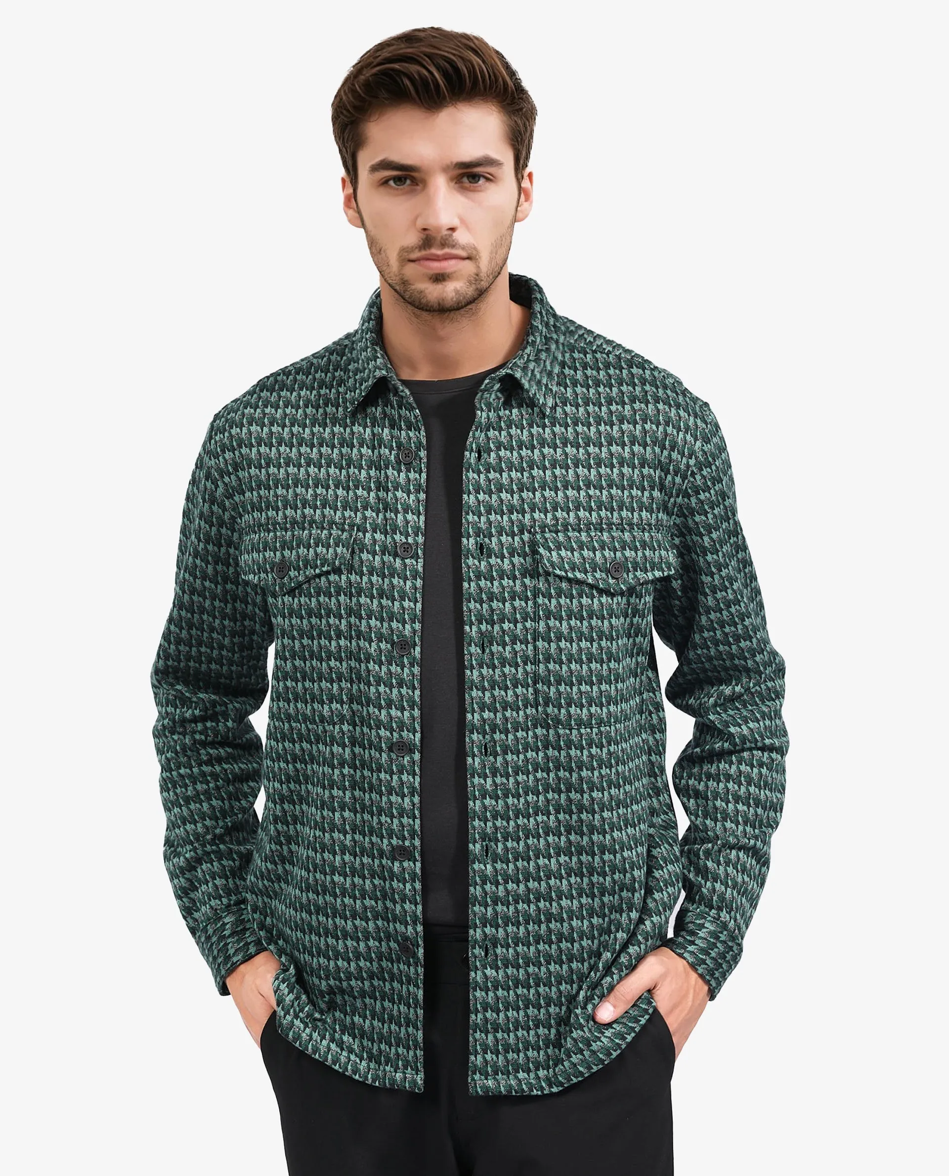 Rare Rabbit Men's Rodez Green Full Sleeve Button Closure Houndstooth Shacket