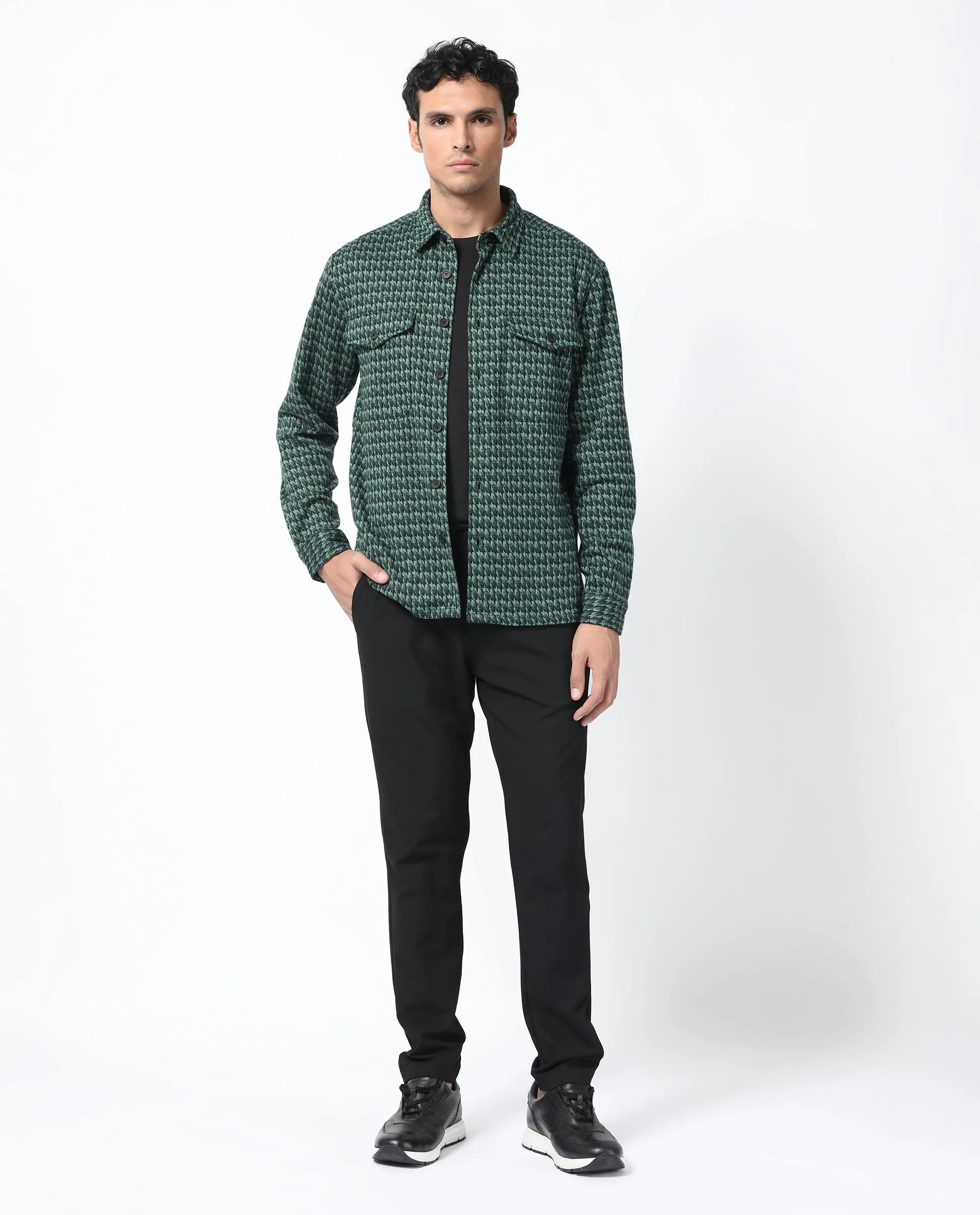 Rare Rabbit Men's Rodez Green Full Sleeve Button Closure Houndstooth Shacket