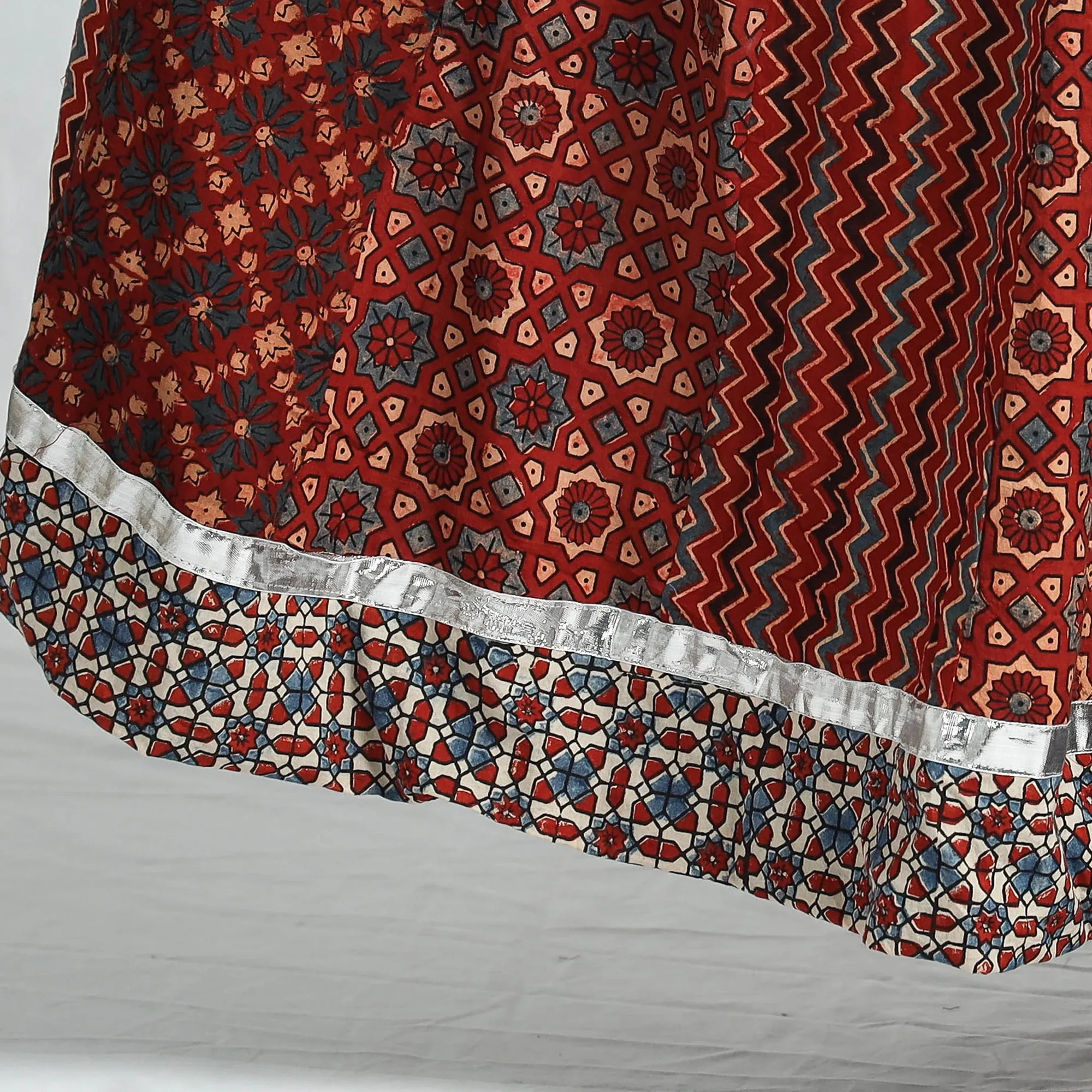 Red - Ajrakh Block Printed 24 Kali Patchwork Cotton Long Skirt