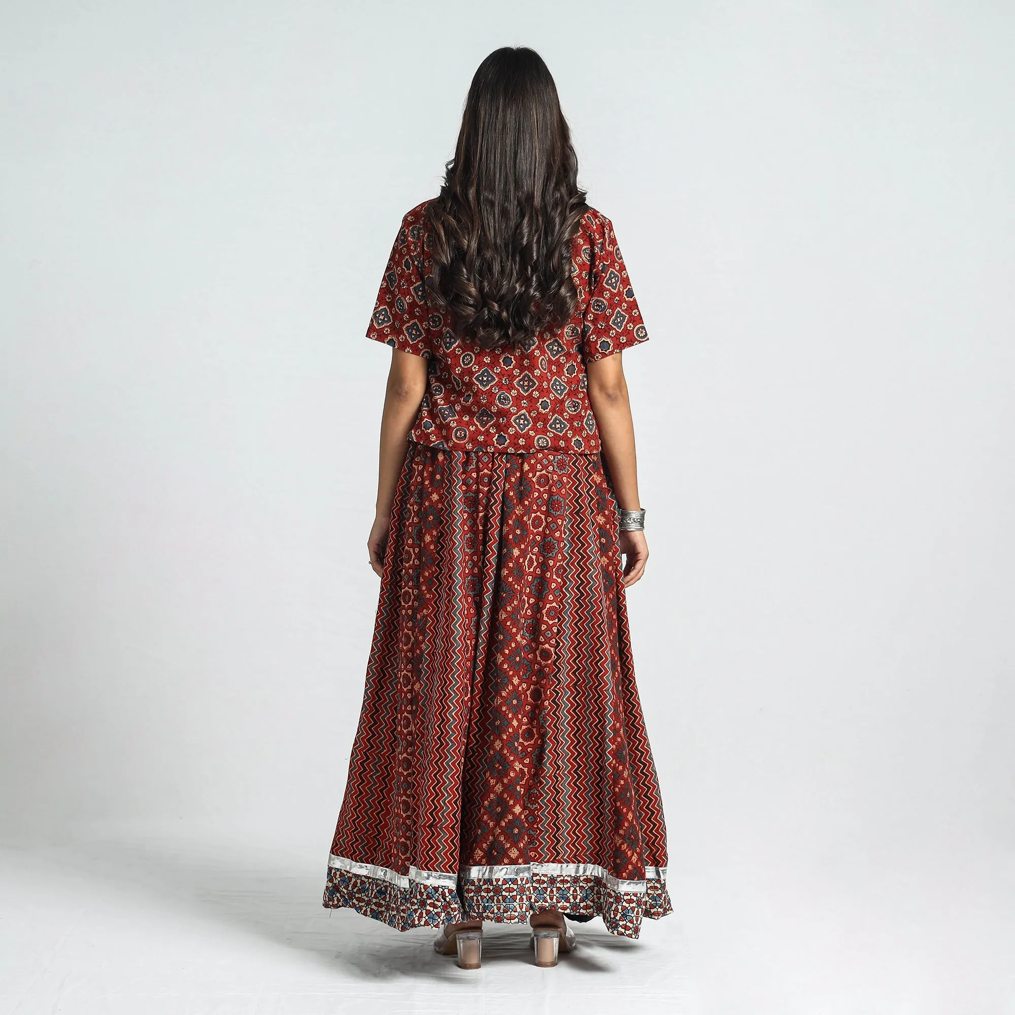 Red - Ajrakh Block Printed 24 Kali Patchwork Cotton Long Skirt