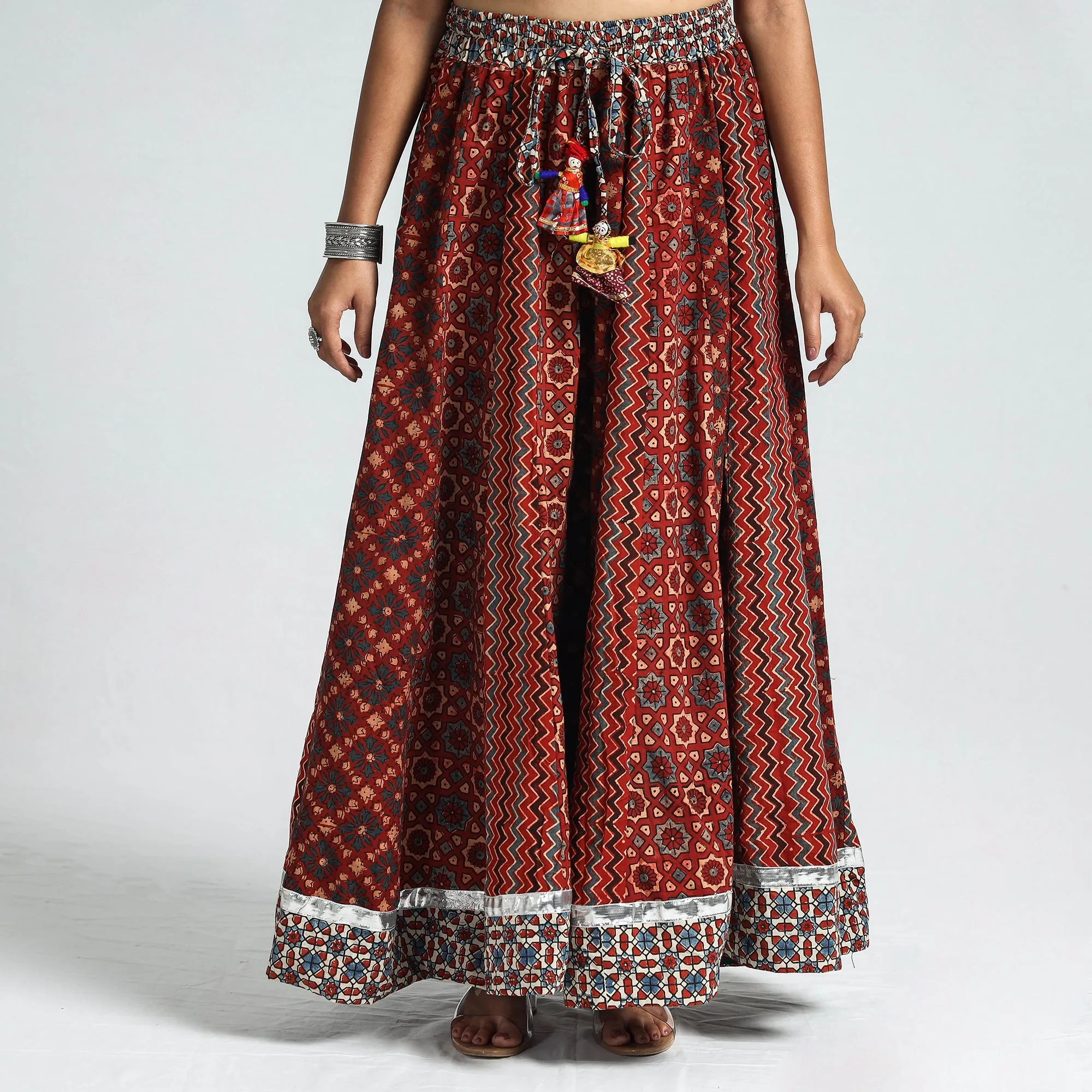 Red - Ajrakh Block Printed 24 Kali Patchwork Cotton Long Skirt