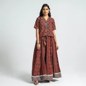 Red - Ajrakh Block Printed 24 Kali Patchwork Cotton Long Skirt