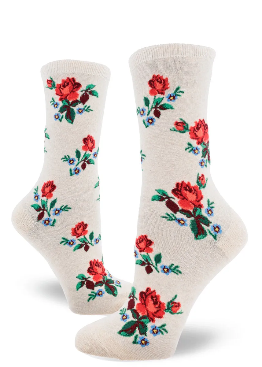 Red Roses on Cream Women's Crew Sock