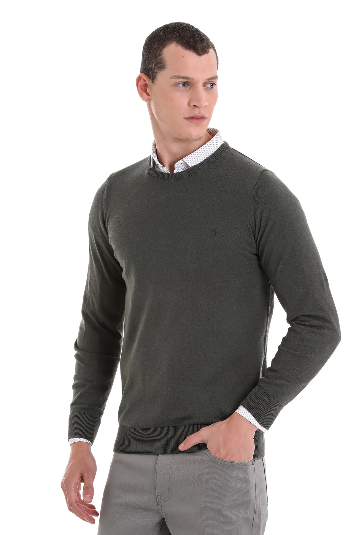 Regular Fit Cotton Khaki Crewneck Sweater