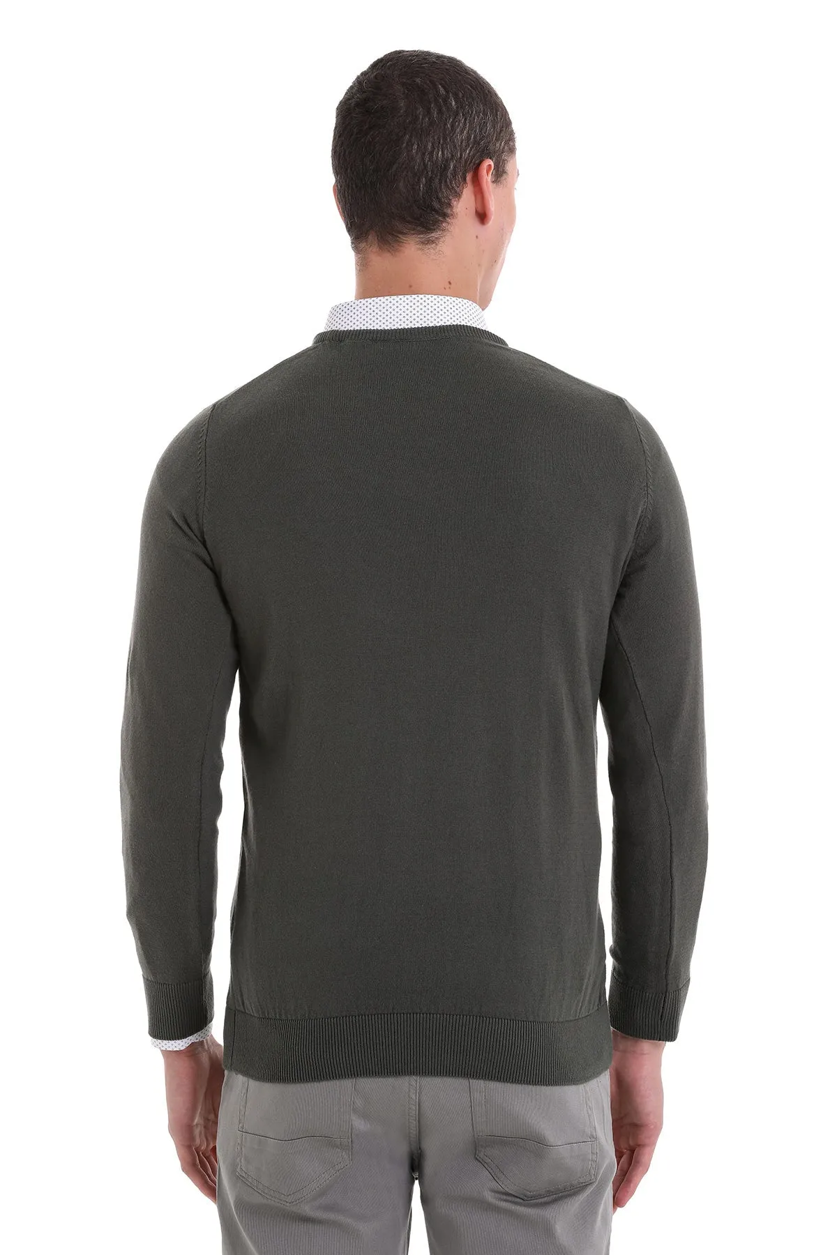 Regular Fit Cotton Khaki Crewneck Sweater