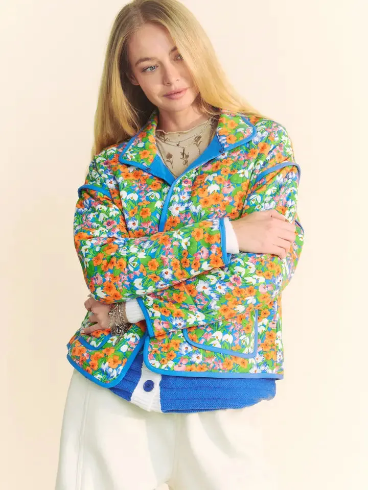 Retro Floral Print Padded Jacket with Contrast Binding and High Neck Hook & Eye Closure