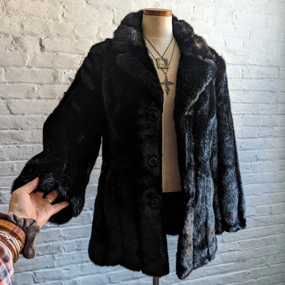 Retro Mob Wife Chic Vegan Fur Silk Coat Minimalist Goth Penny Lane Fuzzy Jacket