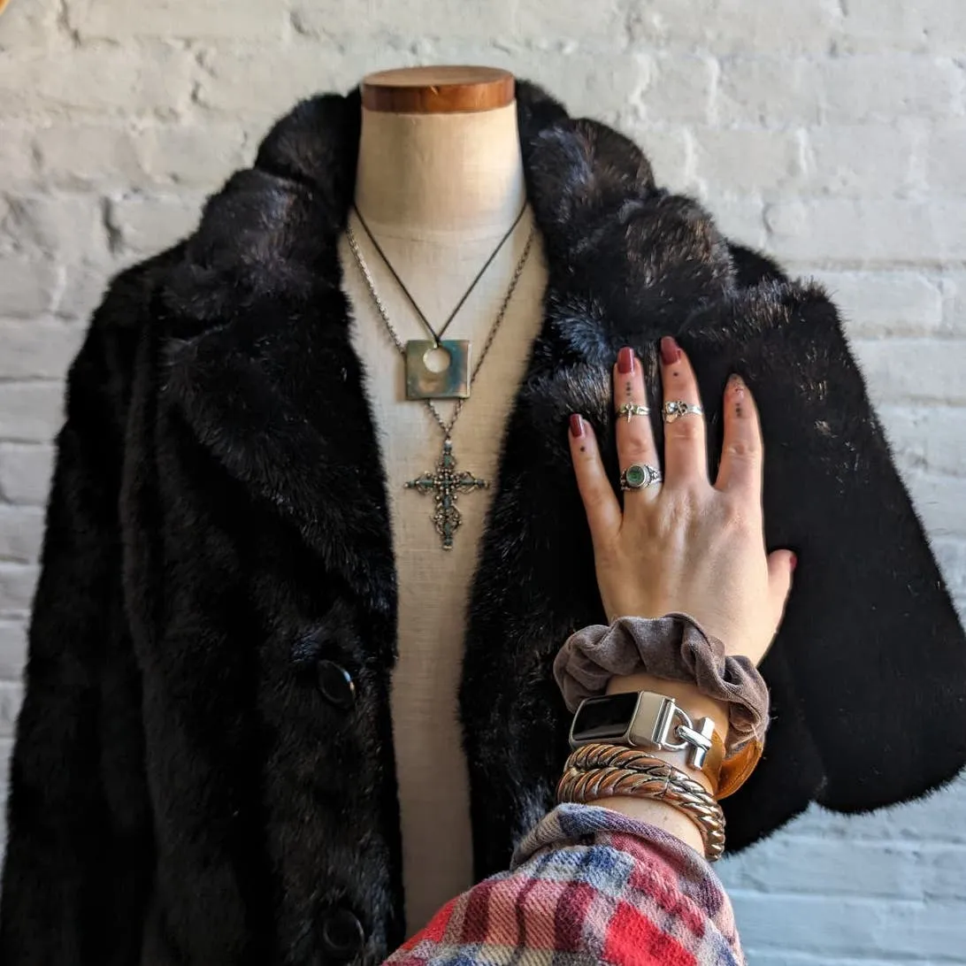 Retro Mob Wife Chic Vegan Fur Silk Coat Minimalist Goth Penny Lane Fuzzy Jacket