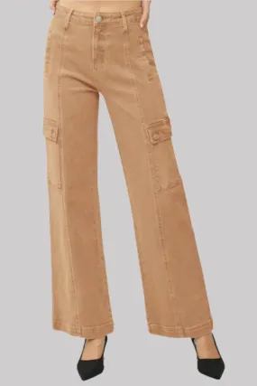 RISEN Cargo Jeans USA Stock High Rise Wide Leg Cotton Brown Pants