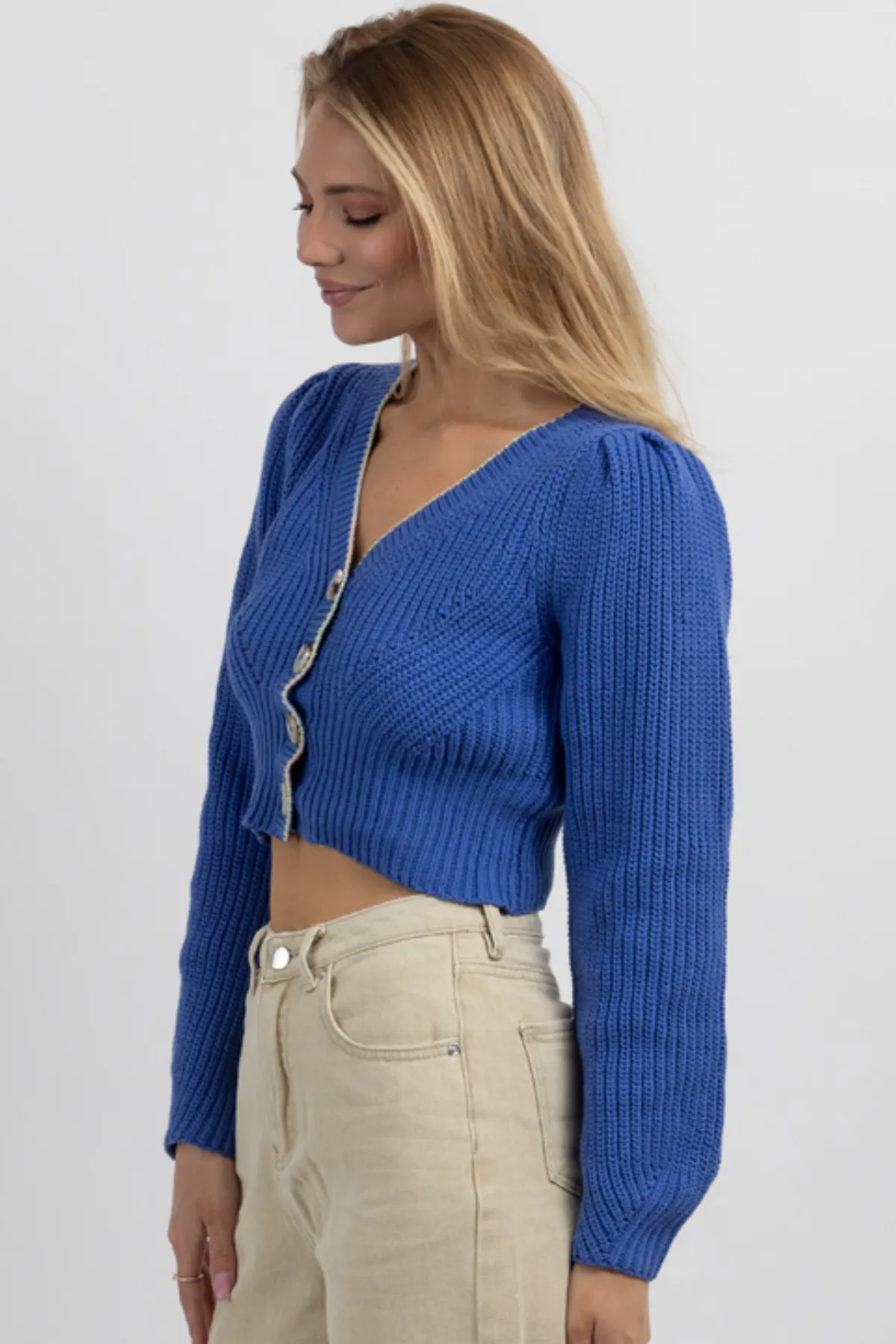 ROYAL BLUE CROPPED BUTTON CARDIGAN