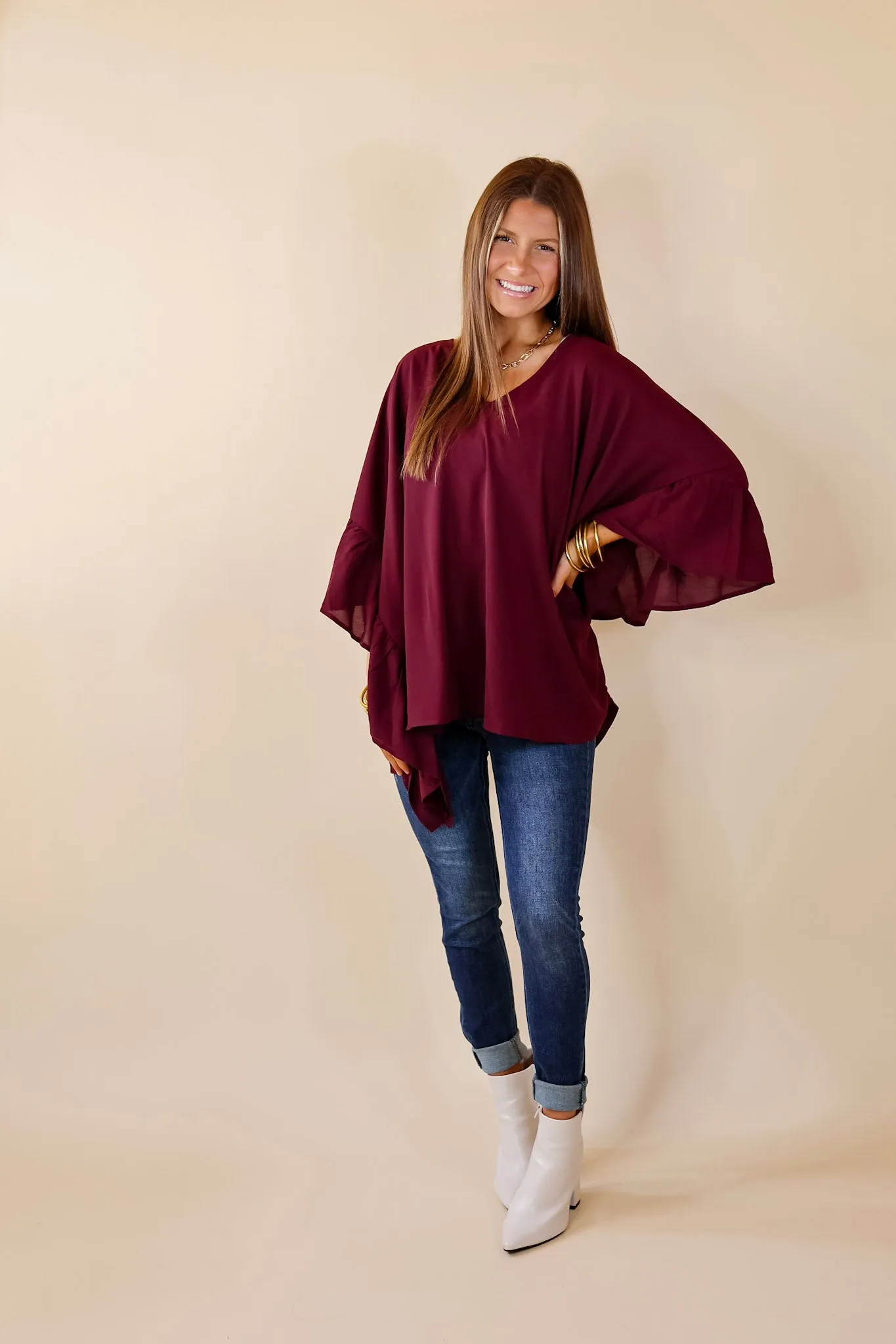 Secret Strength Ruffle Detail Poncho Top in Maroon