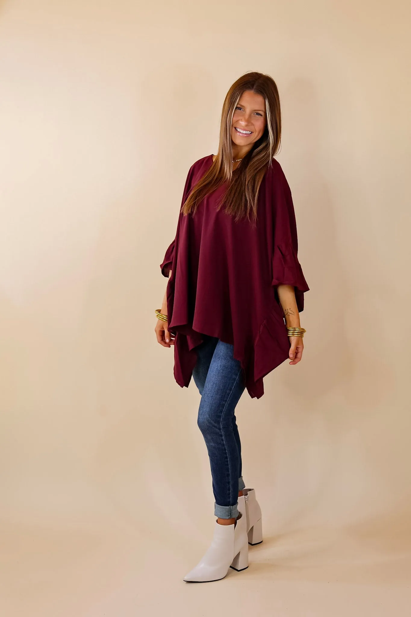 Secret Strength Ruffle Detail Poncho Top in Maroon