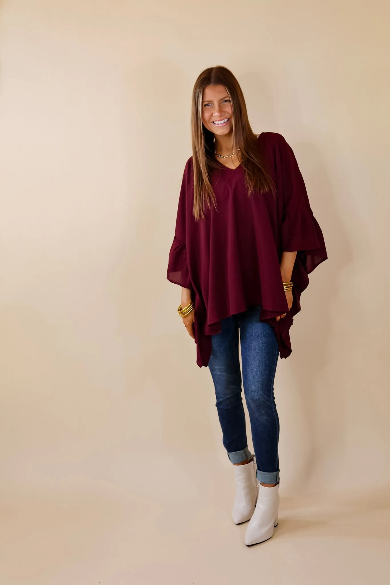 Secret Strength Ruffle Detail Poncho Top in Maroon