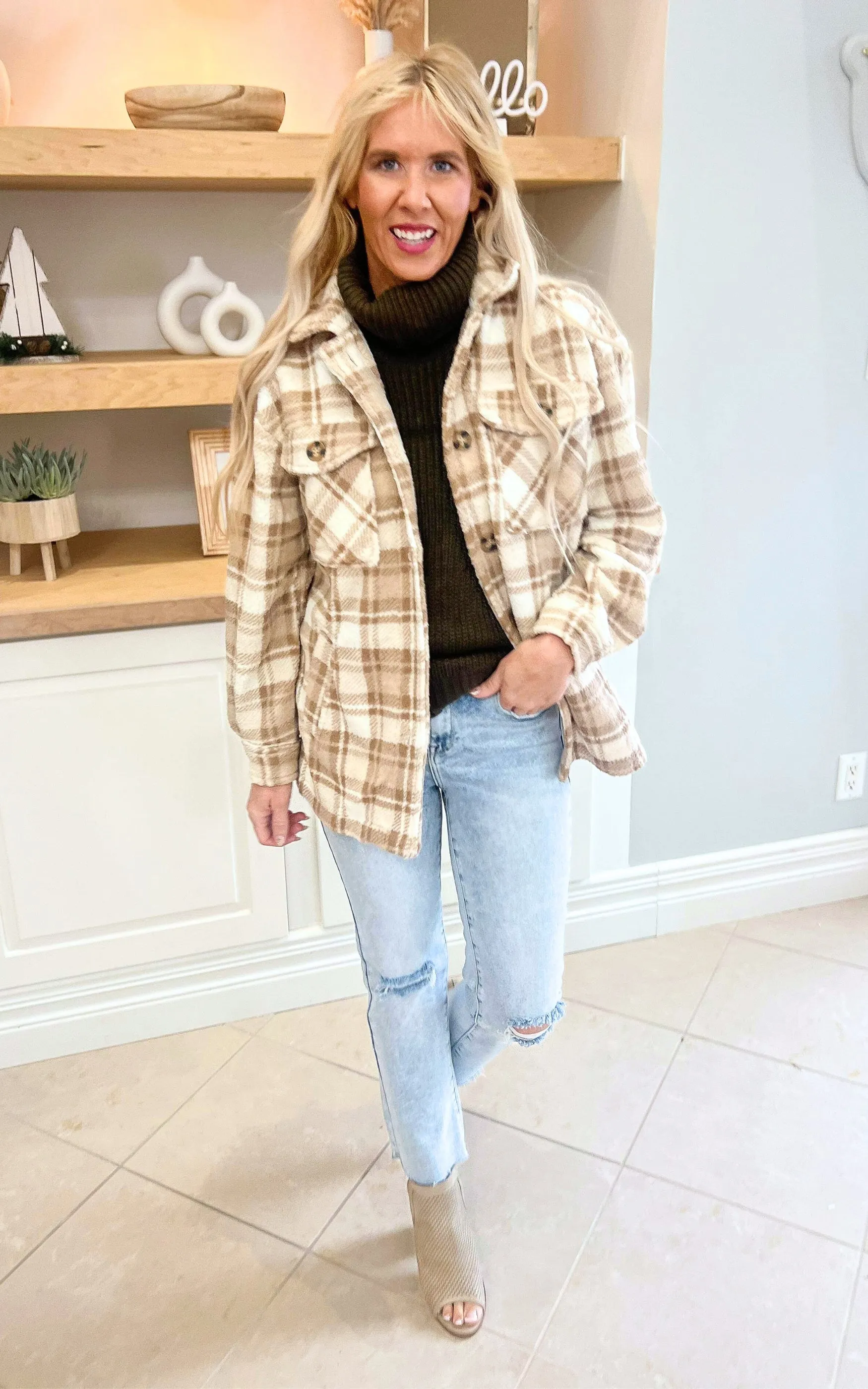 Sherpa Fleece Plaid Jacket - Khaki - Final Sale