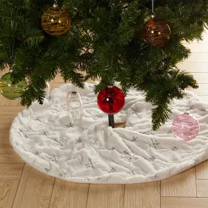 Silver Faux Fur Christmas Tree Skirt with Sequin Snowflake Decor