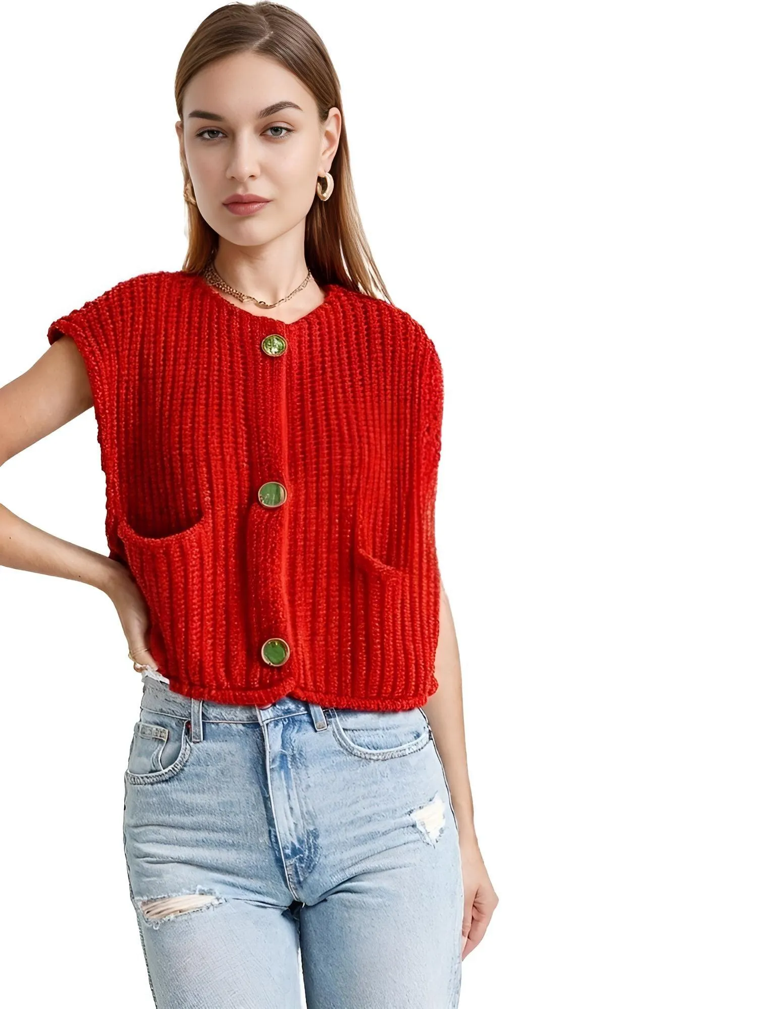 Sleeveless Crop Sweater Vest Solid Loose Casual Sweater Vest Cable Knit Sweater Vest For Women