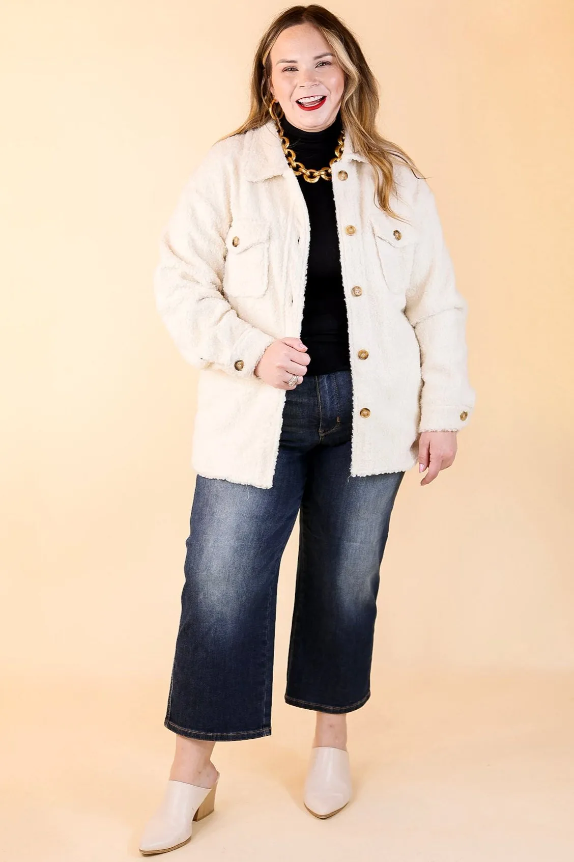 Snowy Afternoon Button Up Sherpa Shacket in Ivory