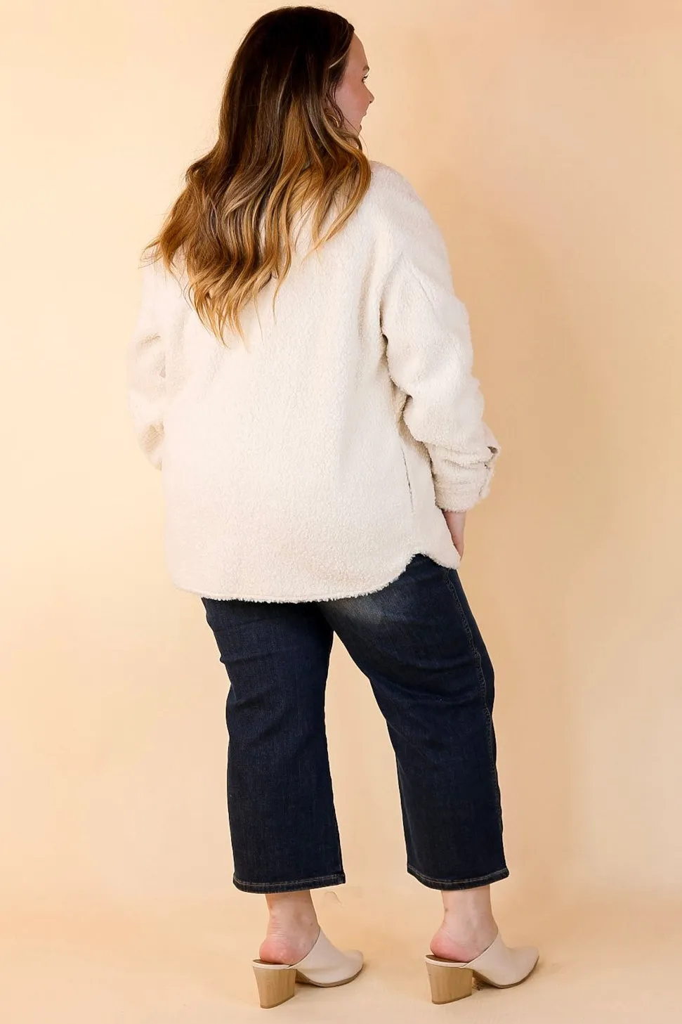 Snowy Afternoon Button Up Sherpa Shacket in Ivory