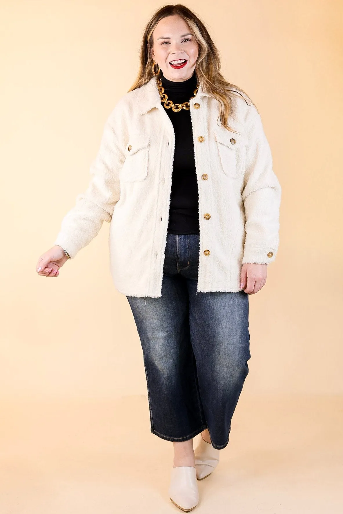 Snowy Afternoon Button Up Sherpa Shacket in Ivory