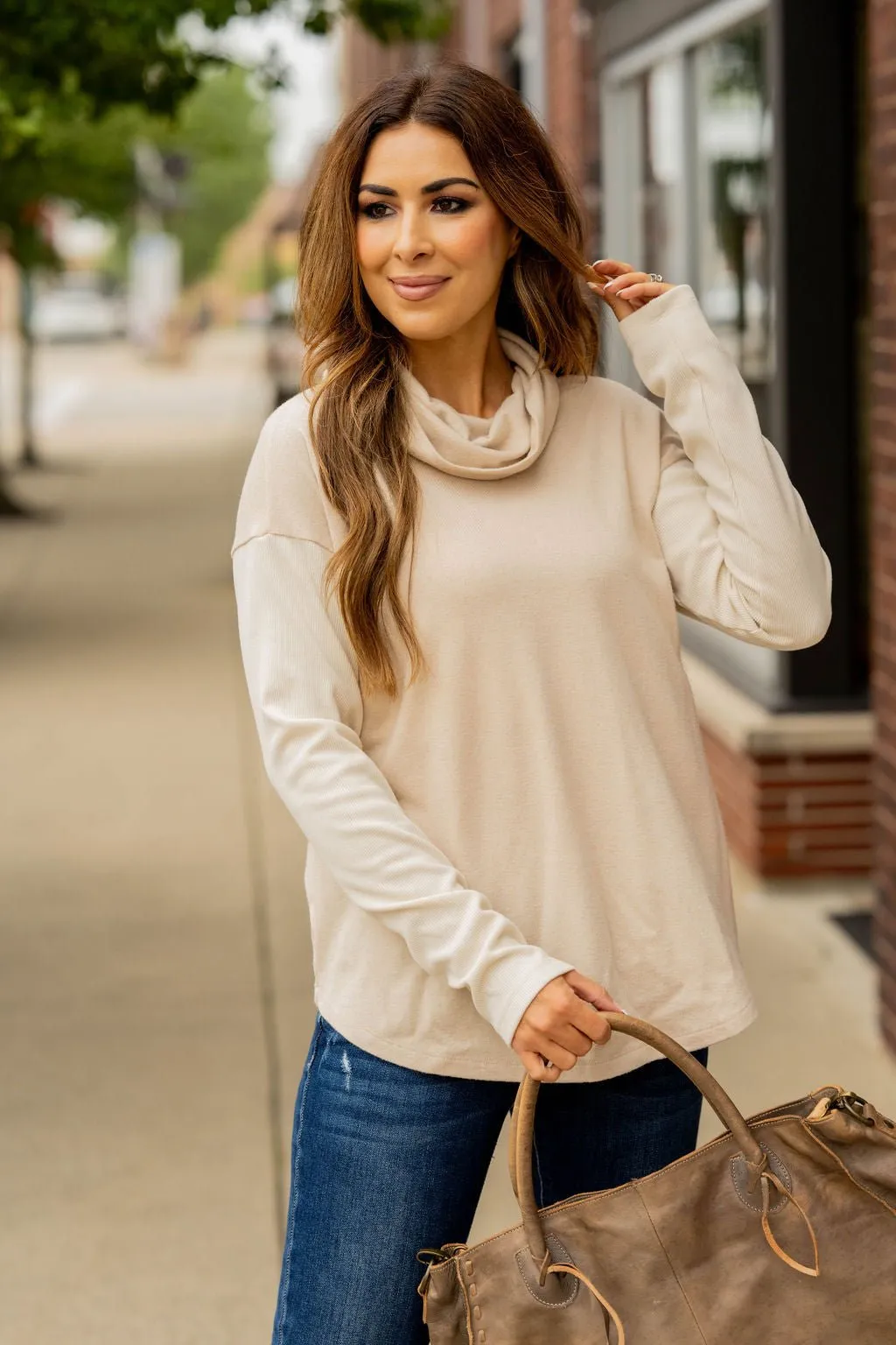 So Soft Ribbed Sleeve Cowl Neck