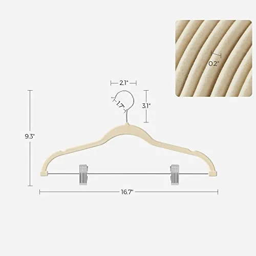 SONGMICS Pants Hangers, Set of 30 Velvet Hangers with Adjustable Clips, Space-Saving, Non-Slip for Skirts, Coats, Dresses, 16.7-Inch Long, Beige UCRF012M30