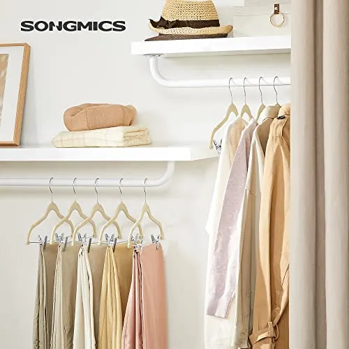 SONGMICS Pants Hangers, Set of 30 Velvet Hangers with Adjustable Clips, Space-Saving, Non-Slip for Skirts, Coats, Dresses, 16.7-Inch Long, Beige UCRF012M30