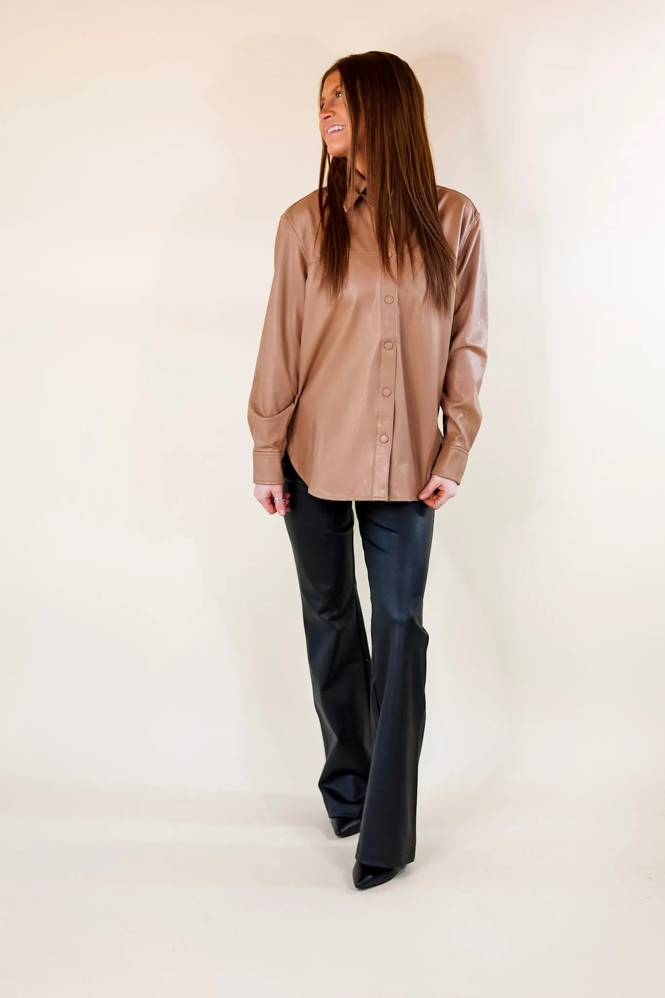 SPANX | Leather-Like Long Sleeve Oversized Shacket in Toffee