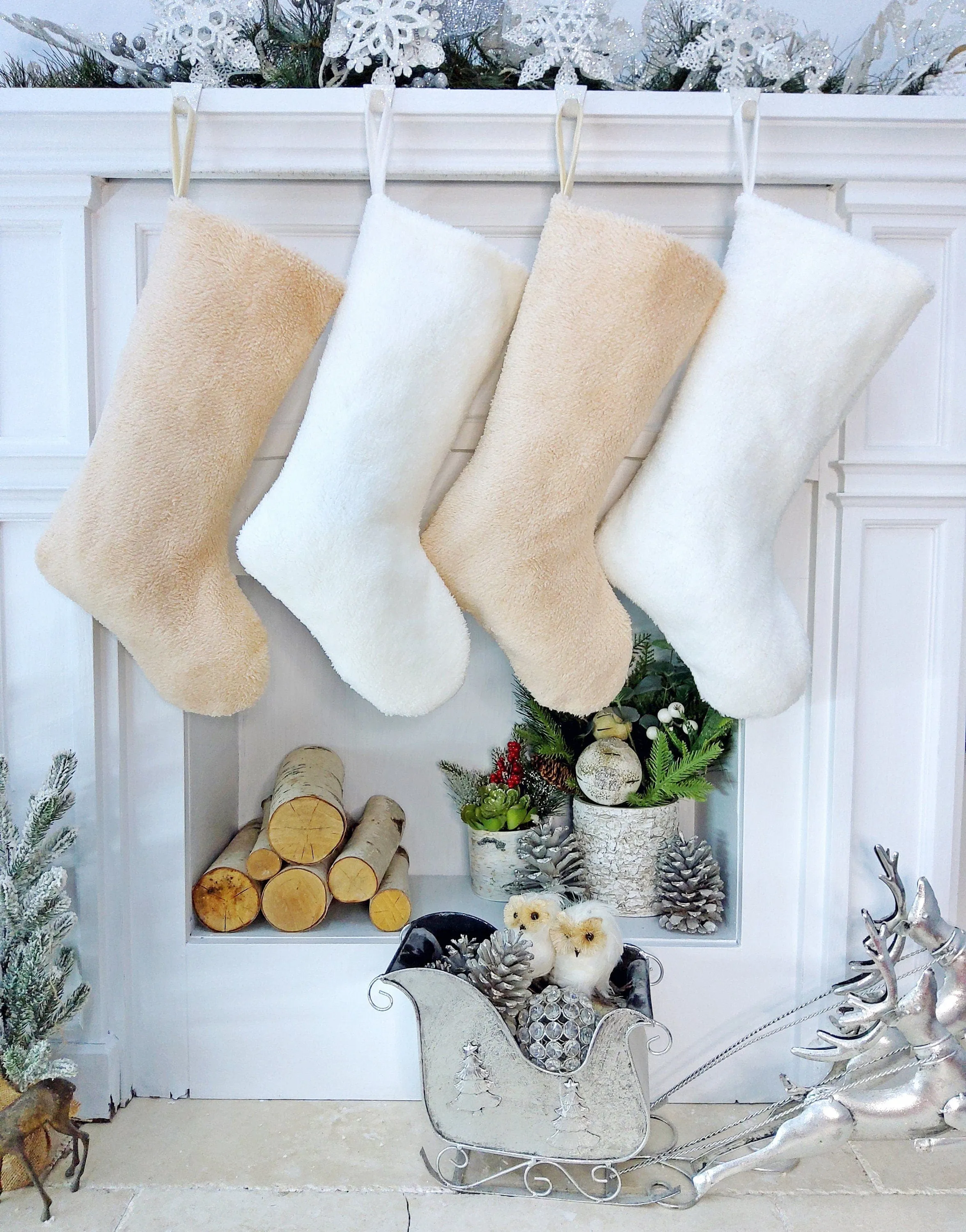 Teddy Sherpa Christmas Stocking Boho Neutral Personalized Initial Dog Paw Name Tag or Embroidered  Ivory Blush Christmas Family Stockings