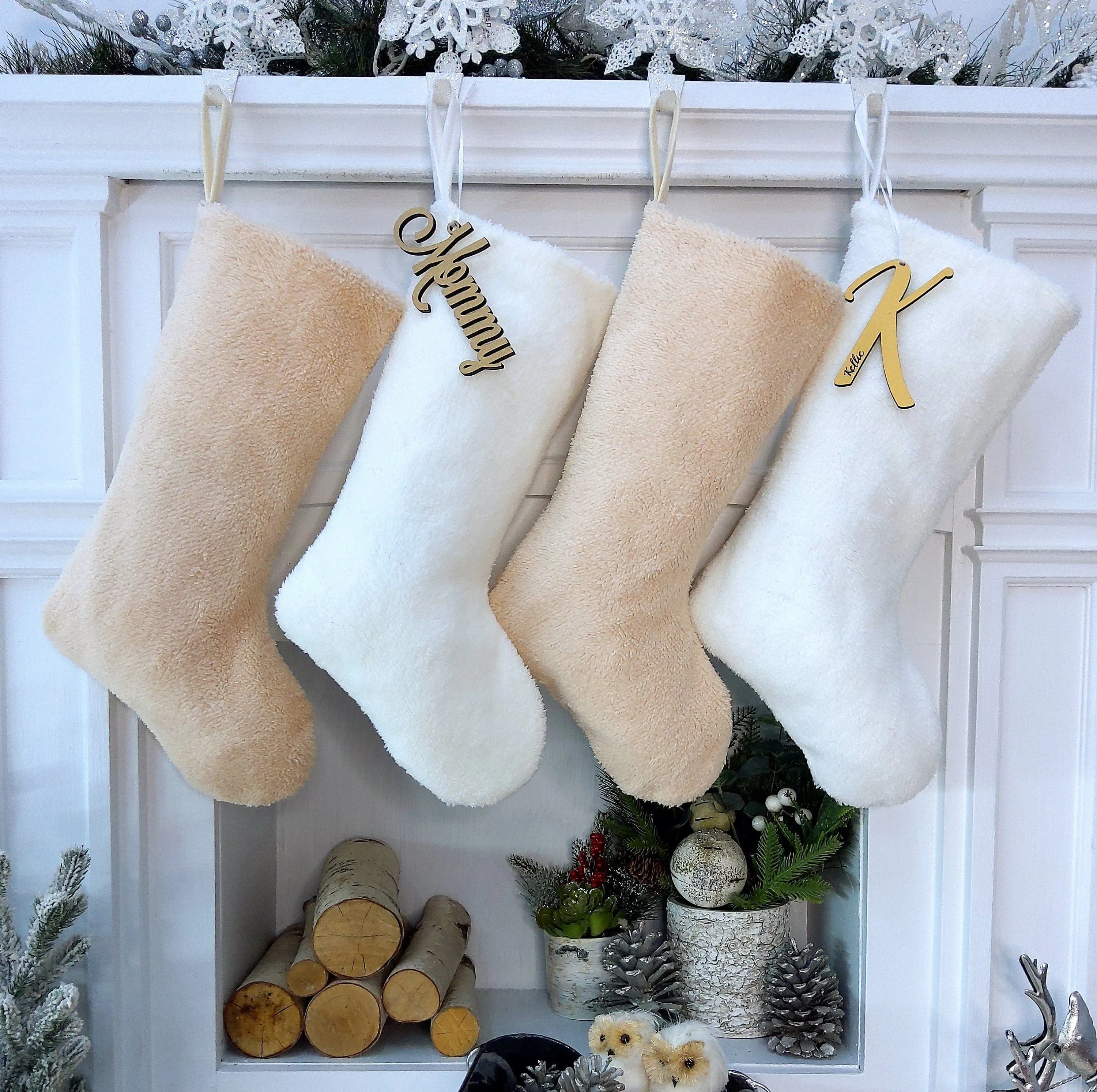 Teddy Sherpa Christmas Stocking Boho Neutral Personalized Initial Dog Paw Name Tag or Embroidered  Ivory Blush Christmas Family Stockings