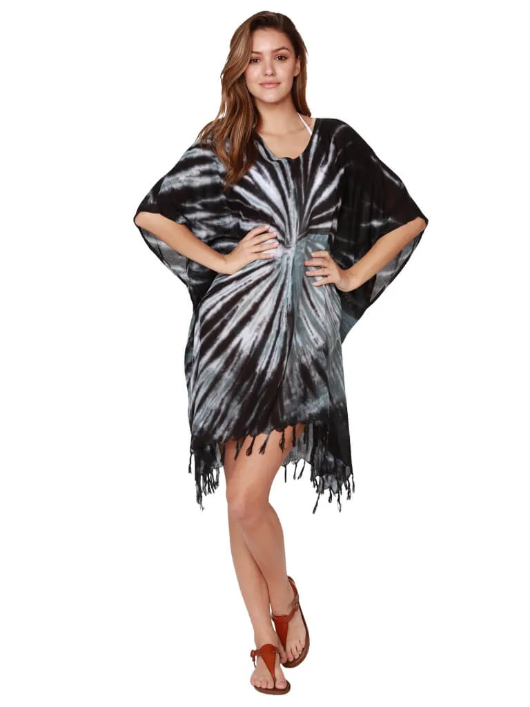 Tie-Dye V-neck Poncho with fringe bottom