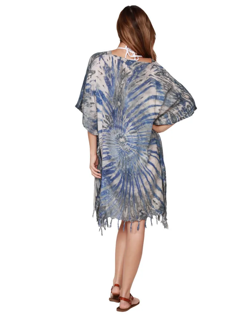 Tie-Dye V-neck Poncho with fringe bottom