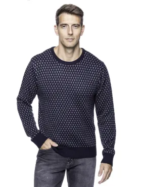 Tocco Reale Men's Wool Blend Crew Neck Pullover Sweater with Jacquard Effect - Navy/Heather Grey