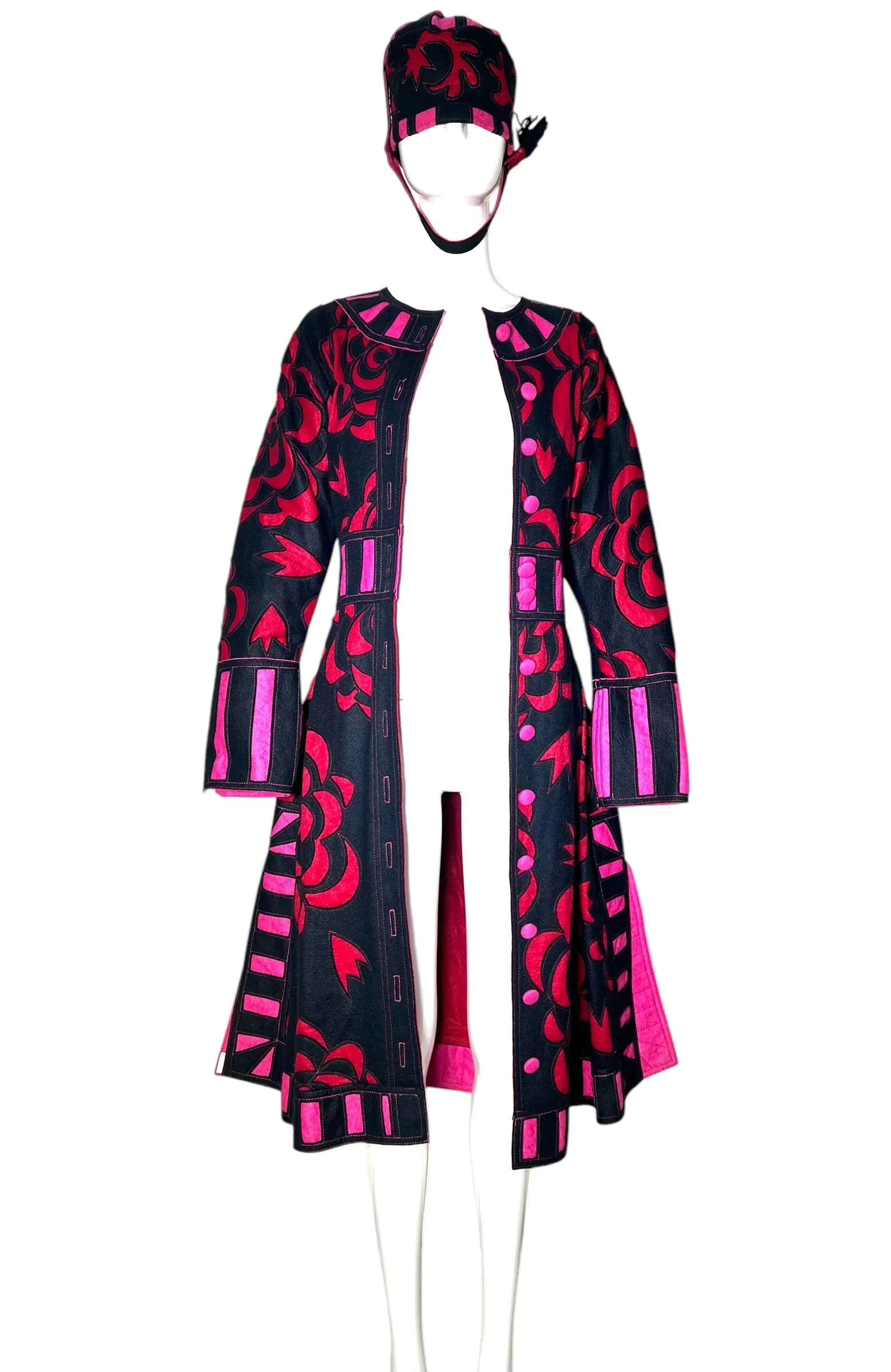 Tribe 1985 FIT Lightweight Cut Felt Appliqué Wearable Art Coat Dress & Hat Ensemble