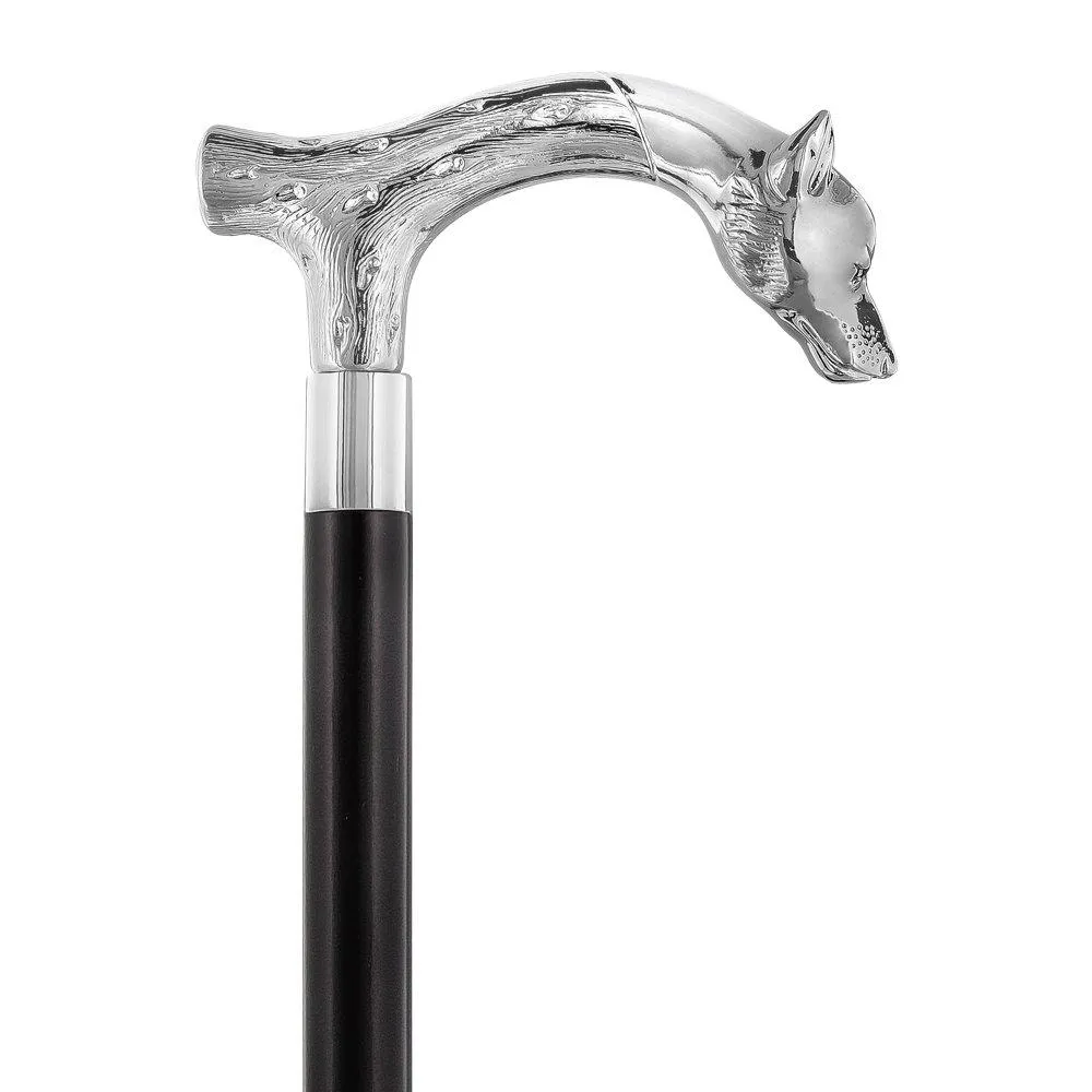 Unwavering Fierce Wolf Nickel Plated Fritz Handle Cane w/ Black Beechwood Shaft & Aluminum Silver Collar