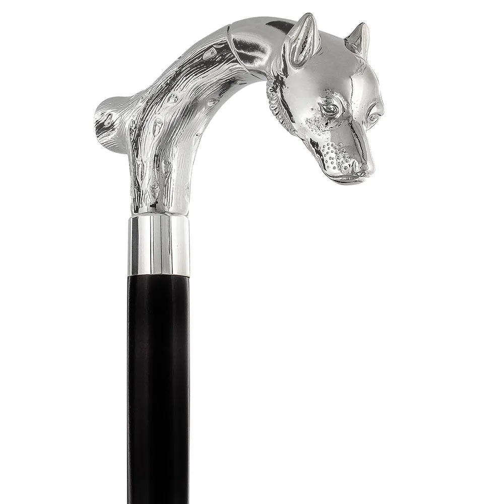 Unwavering Fierce Wolf Nickel Plated Fritz Handle Cane w/ Black Beechwood Shaft & Aluminum Silver Collar