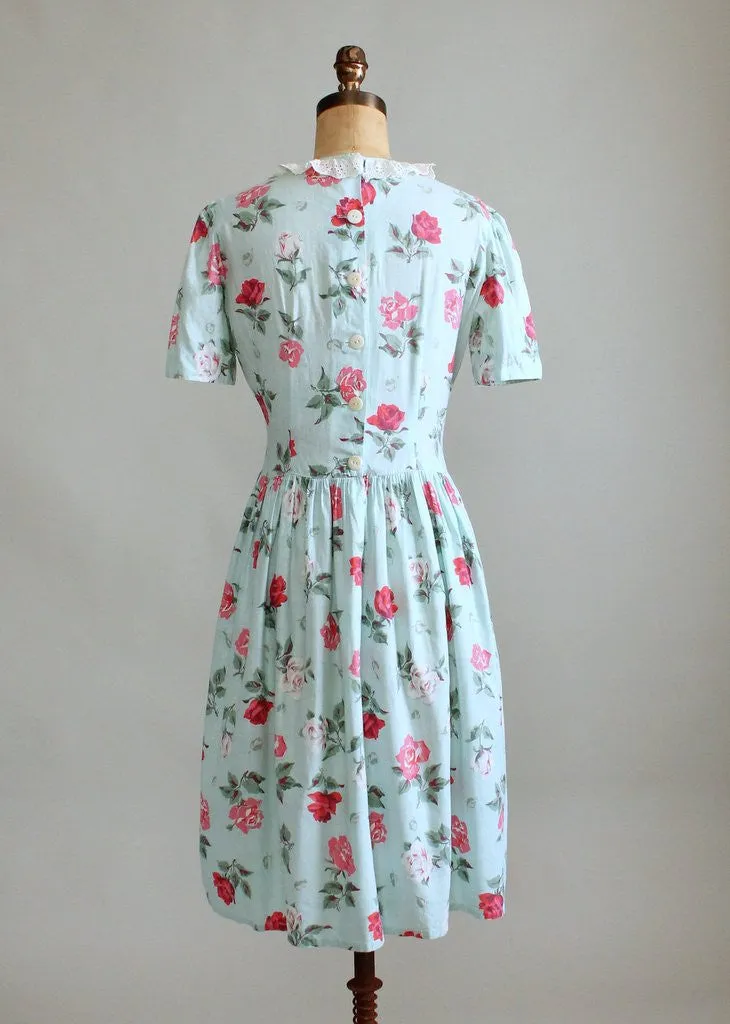 Vintage 1930s Pink and White Rose Floral Day Dress