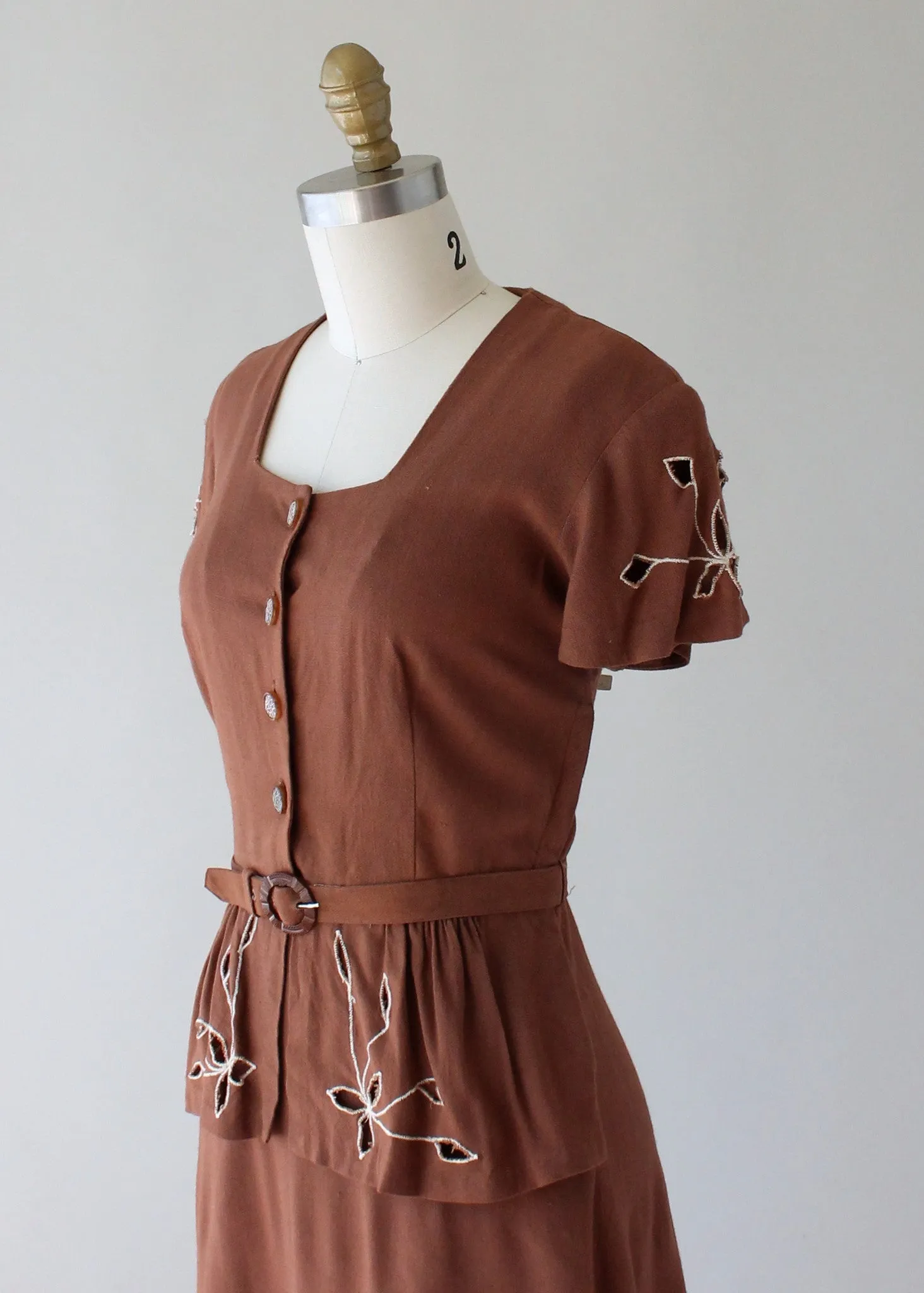 Vintage 1940s Brown Cut Out Peplum Day Dress