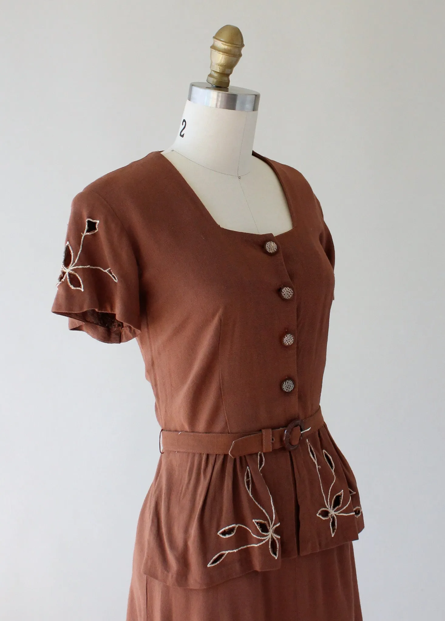 Vintage 1940s Brown Cut Out Peplum Day Dress