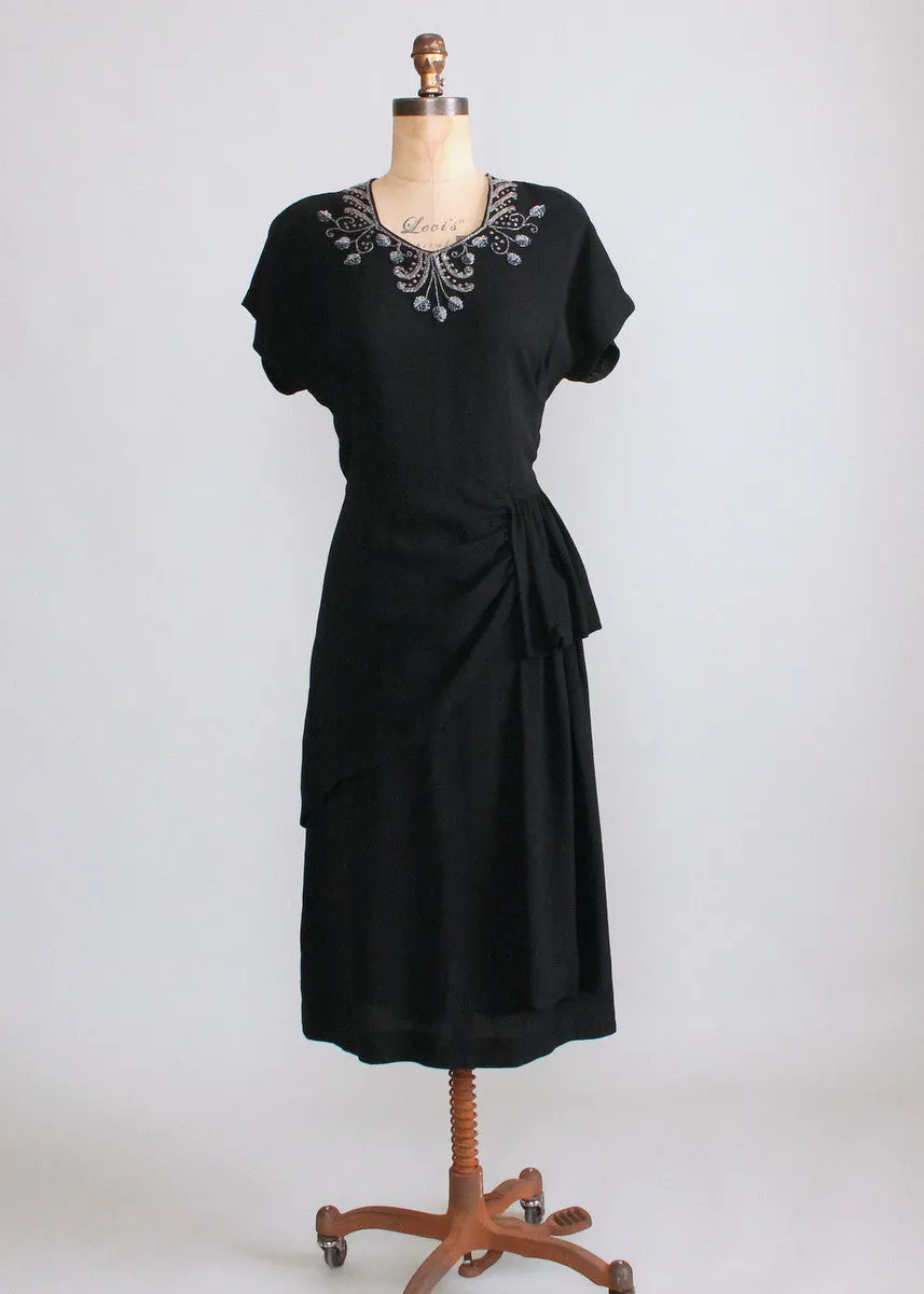 Vintage 1940s Nu-Form Black Crepe Beaded Peplum Dress