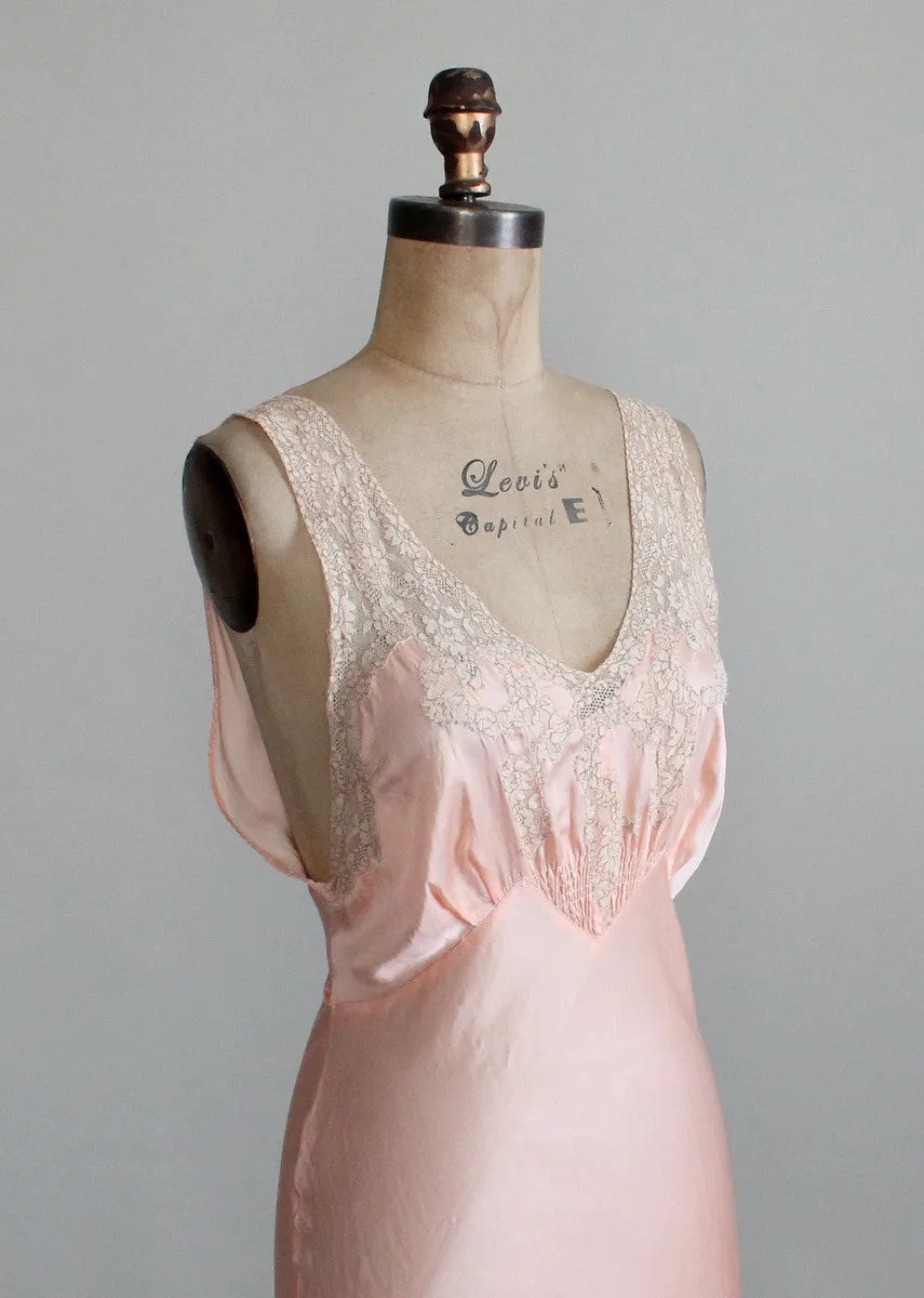 Vintage 1940s Pink Rayon and Lace Shirred Front Gown