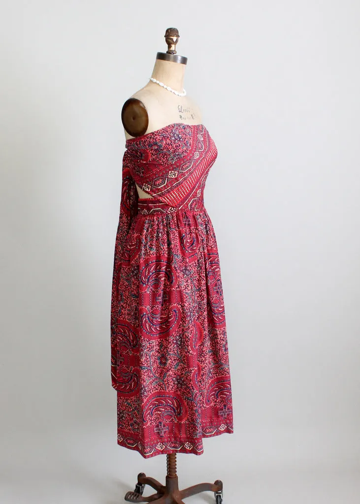 Vintage 1940s Tiki Print Strapless Sundress with Tie Back