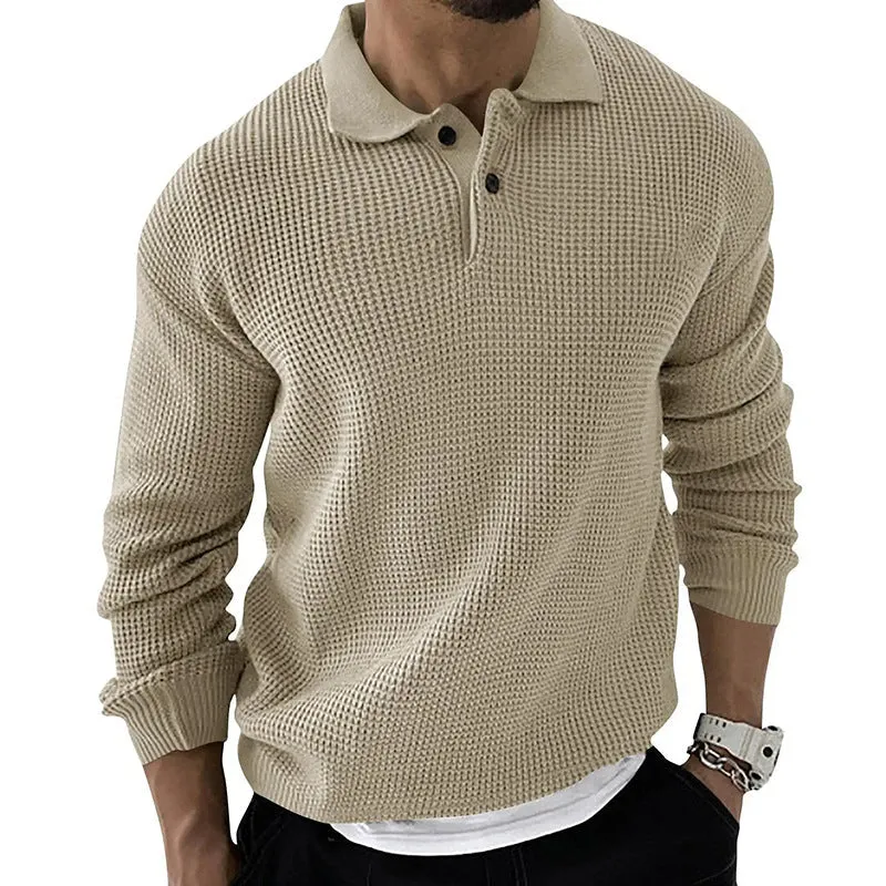 WAFFLE KNITTED POLO COLLAR SWEATER