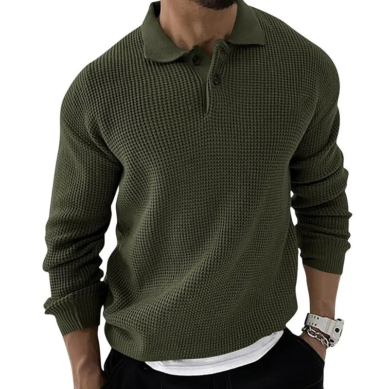 WAFFLE KNITTED POLO COLLAR SWEATER