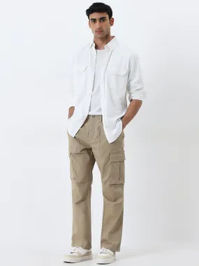 WES Casuals Beige Mid-Rise Relaxed-Fit Cotton Blend Chinos