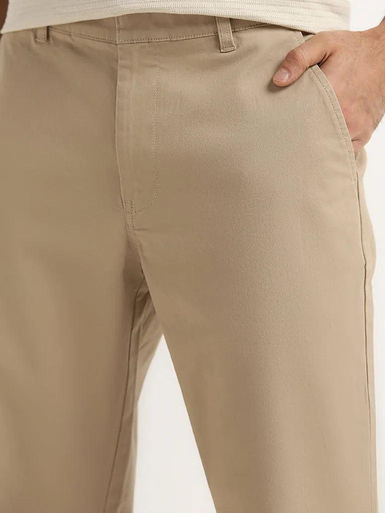 WES Casuals Beige Straight-Fit Mid-Rise Cotton Blend Chinos